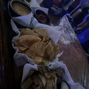 Fries, Chipotle Queso and Salsa, veggie wings