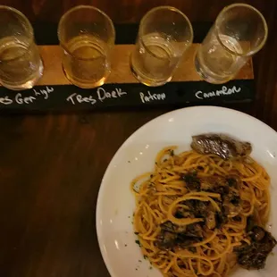 a plate of spaghetti with mushrooms
