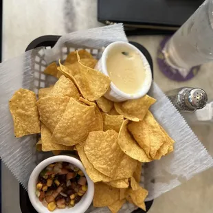 Chips, corn salsa &amp; white cheese dip