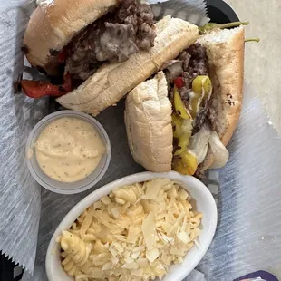 Ribeye Philly Cheesesteak with a side of Mac &amp; Mac and Cheese