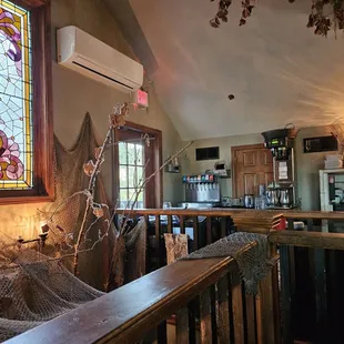 a bar with stained glass windows