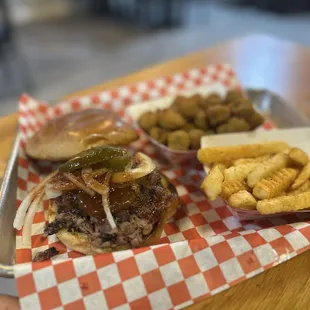 Chopped brisket, fries and okra