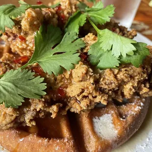 Chicken and Waffle with hot chili honey and lime with cilantro
