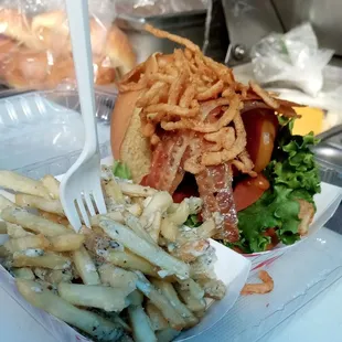 Bacon cheddar burger with black and blue cheese was absolutely amazing.  Will defenetly try it again