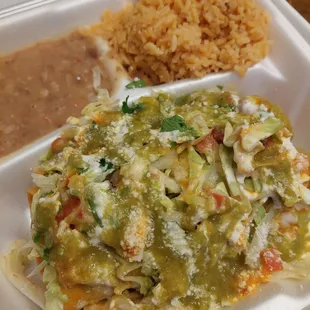 Chicken flautas, rice and beans