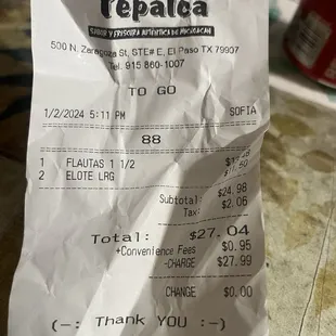 the receipt for the restaurant