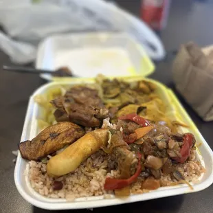 Stewed chicken and curry goat
