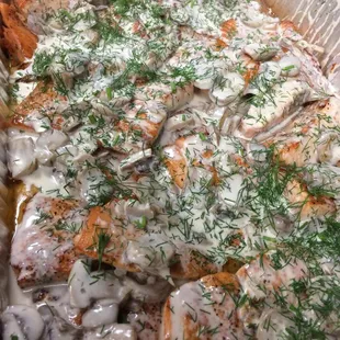 My delicious wedding food: Atlantic Salmon with mushroom cream dill sauce