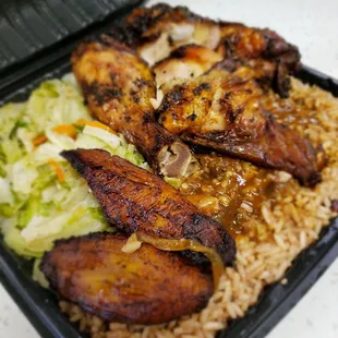 Jerk chicken...stream cabbage...red beans and rice...fried plantains...absolutely yummilicious