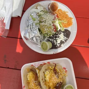 burrito plate ($10) and bacon and egg breakfast taco ($5)