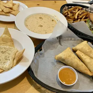 House Made Spinach Dip, Chicken Cream of Mushroom Soup, Sambusa, and Flavor Burger