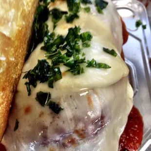 Spaghetti &amp; Meatball Sandwich!!- Spaghetti &amp; Parmesan Stuffed Beef Meatballs, Balsamic Marinara, Crispy Basil, Soft Toasted Hoagie.