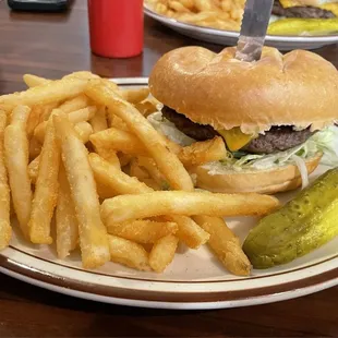 Smashburger, fries, pickle
