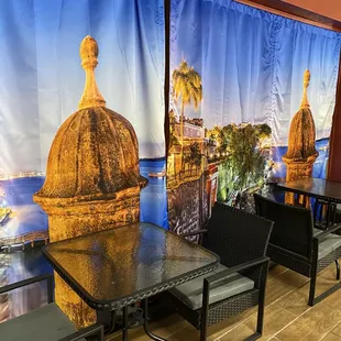 tables and chairs in a restaurant