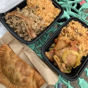 Beef Empanada with Beef and Cheese. Pork with rice and chicken with rice.