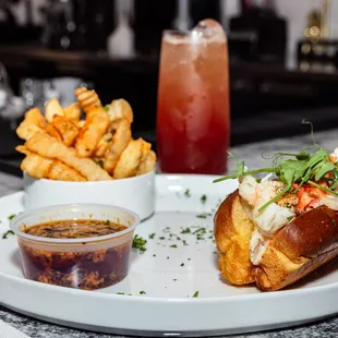 a plate of food and a drink