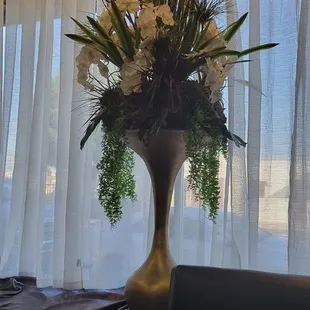 Flower arrangement at front of restaurant