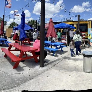 a group of people sitting at picnic tables