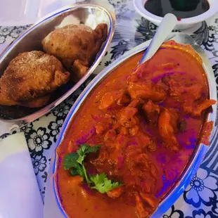Butter chicken and vegetable samosas