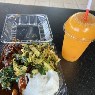 sweet jerk chicken, collard greens, fufu and mango juice