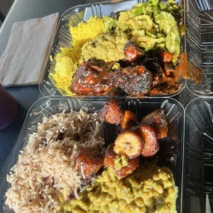 Vegan Combo Small Chicken Combo Small Sweet jerk chicken Cabbage and saffron rice  Coconut rice plantains with curry lentils