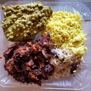 Lentils, spicy chicken, half coconut rice, half saffron rice