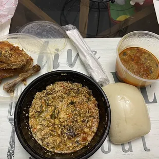 Egusi w/chicken, fufu, okra side soup.