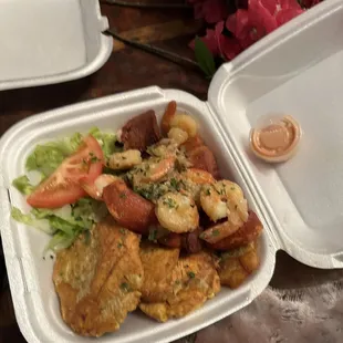 Shrimp, pork and mashed green plantains