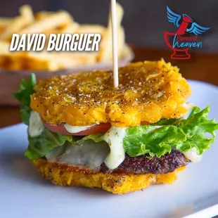 DAVID BURGUER

-DOS RICOS TOSTONES 
-CARNE DE HAMBURGUESA
-QUESO AMERICANO 
-LECHUGA,TOMATE &amp; CEBOLLA