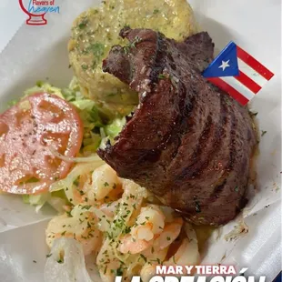 Combinación de Churrasco y Camarones 
Incluye Mofongo