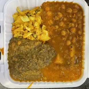 4 vegan dishes with no rice: cabbage and peas, Chana Masala, Aloo Mutter, Dal