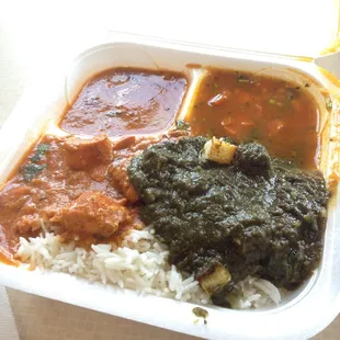 Chicken makhani, rice, spinach, and carrots