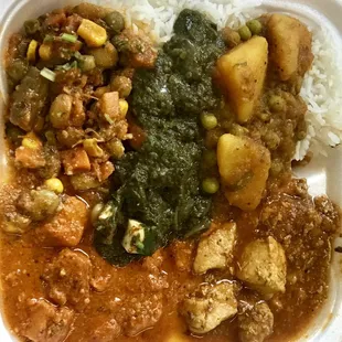 Clockwise: Navratan korma, saag paneer, alu matar, chicken curry, chicken makhni.