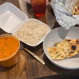 Butter chicken, basmati rice, and garlic naan!