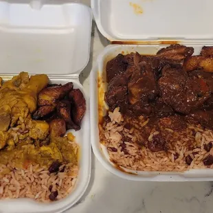 Curry chicken and brown stew chicken with rice and peas..