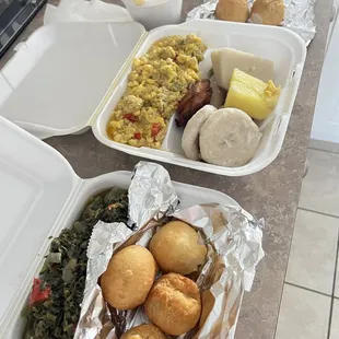 Ackee and Saltfish, Callaloo, Fried Dumpling, yam, boil dumpling, boiled banana, Cornmeal Porridge