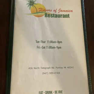 Front menu and hours
