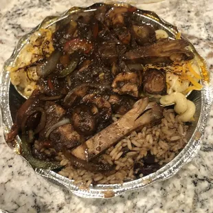 Vegan Jerk Jackfruit, Vegan Mac and Rice n Peas