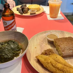 Catfish and collard greens and jerk chicken and Mac and cheese
