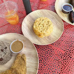 JERK CHICKEN DRUMS DINNER Sweet Plantains Mac &amp; Cheese Rum Punch CATFISH DINNER Rice &amp; Peas
