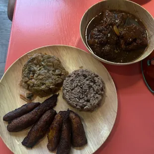 Plantains, Ox Tails with Rice and Peas and &amp; Fried Cabbage