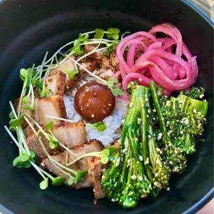 Kurobuta pork belly, ponzu cured egg yolk, pickled veggies, white truffle Broccolini, Furikake rice
