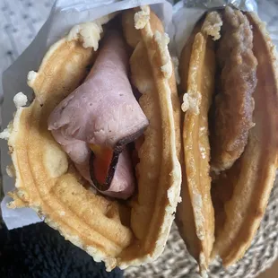 Ham &amp; Gouda Sandwich and maple &amp; sausage