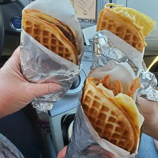 Veggie sausage and maple, Graceland, Maple Bacon Maple with egg.