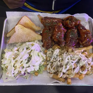 Yummy salad ranch loaded fries and sweet bbq wingettes don&apos;t forget to toast