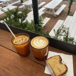 Latte, iced coffee, lemon pound cake.