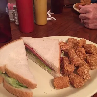 Fried bologna on white bread with tater tots. You know what, it was really good!!