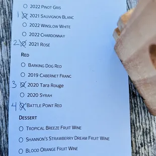 the wine list for the winery