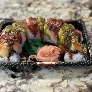 a close up of the sushi