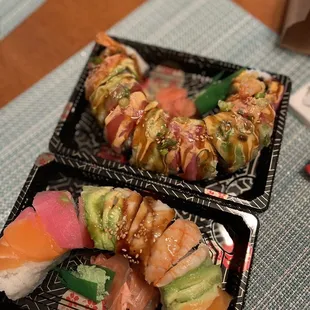 Rainbow Roll (bottom)  Red Dragon Roll (top)